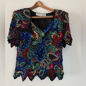 Laurence Kazar Colorful SILK &Sequin Embellished Women's blouse in size MP